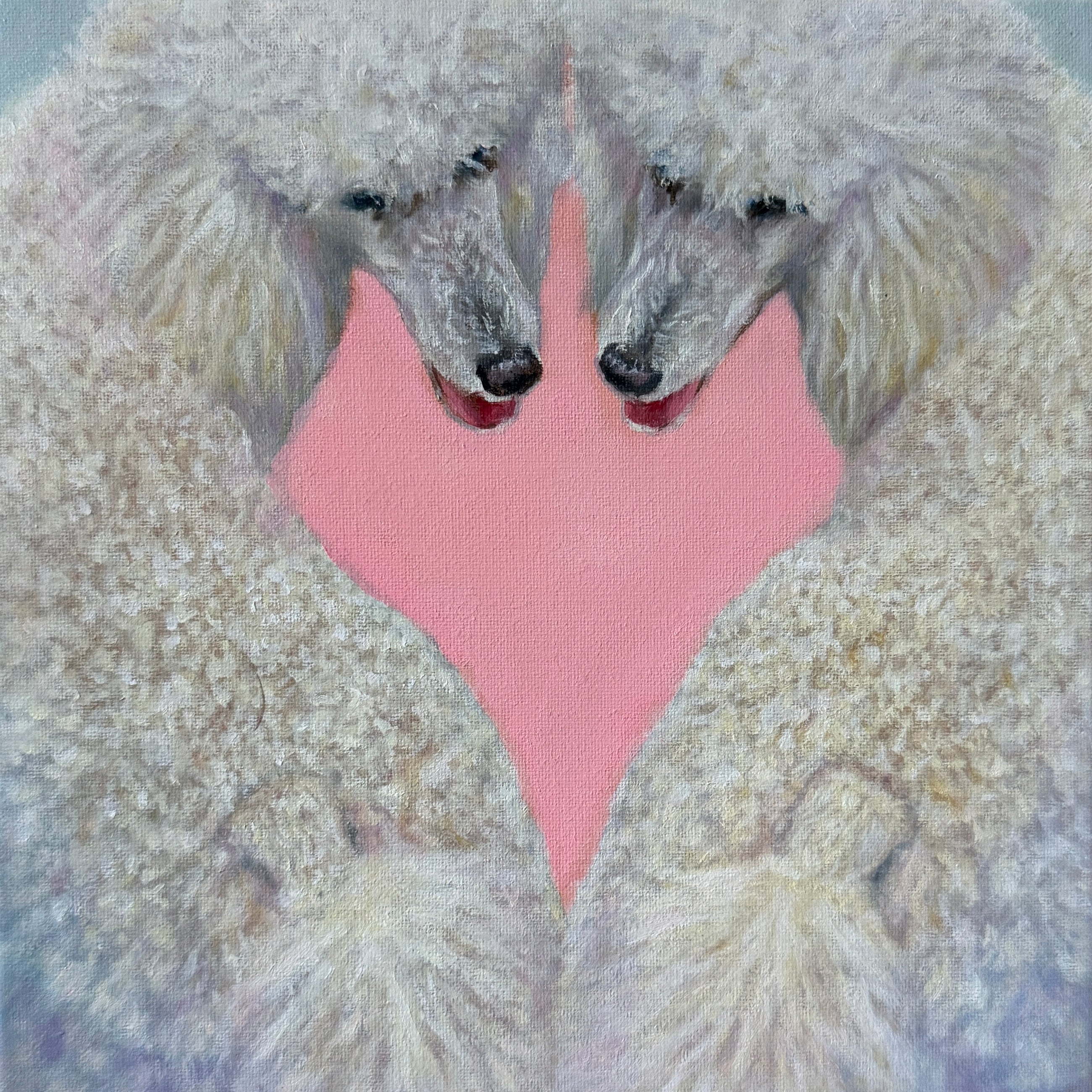 An expressive painting of two poodles forming a heart shape with their bodies, with a solid pink heart in the center, on a light blue background.