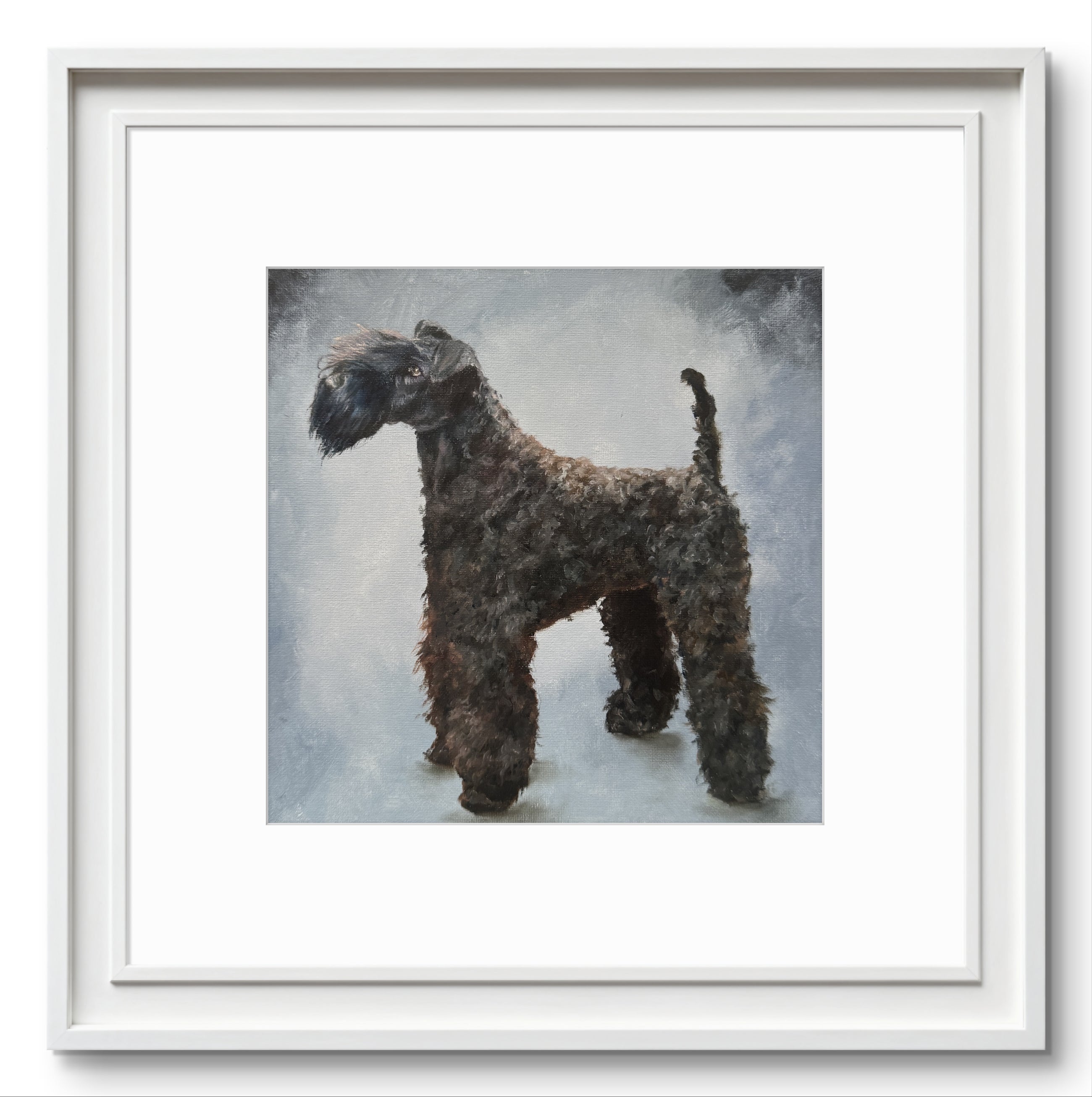 Framed fine art print featuring an oil painting of a Kerry Blue Terrier.