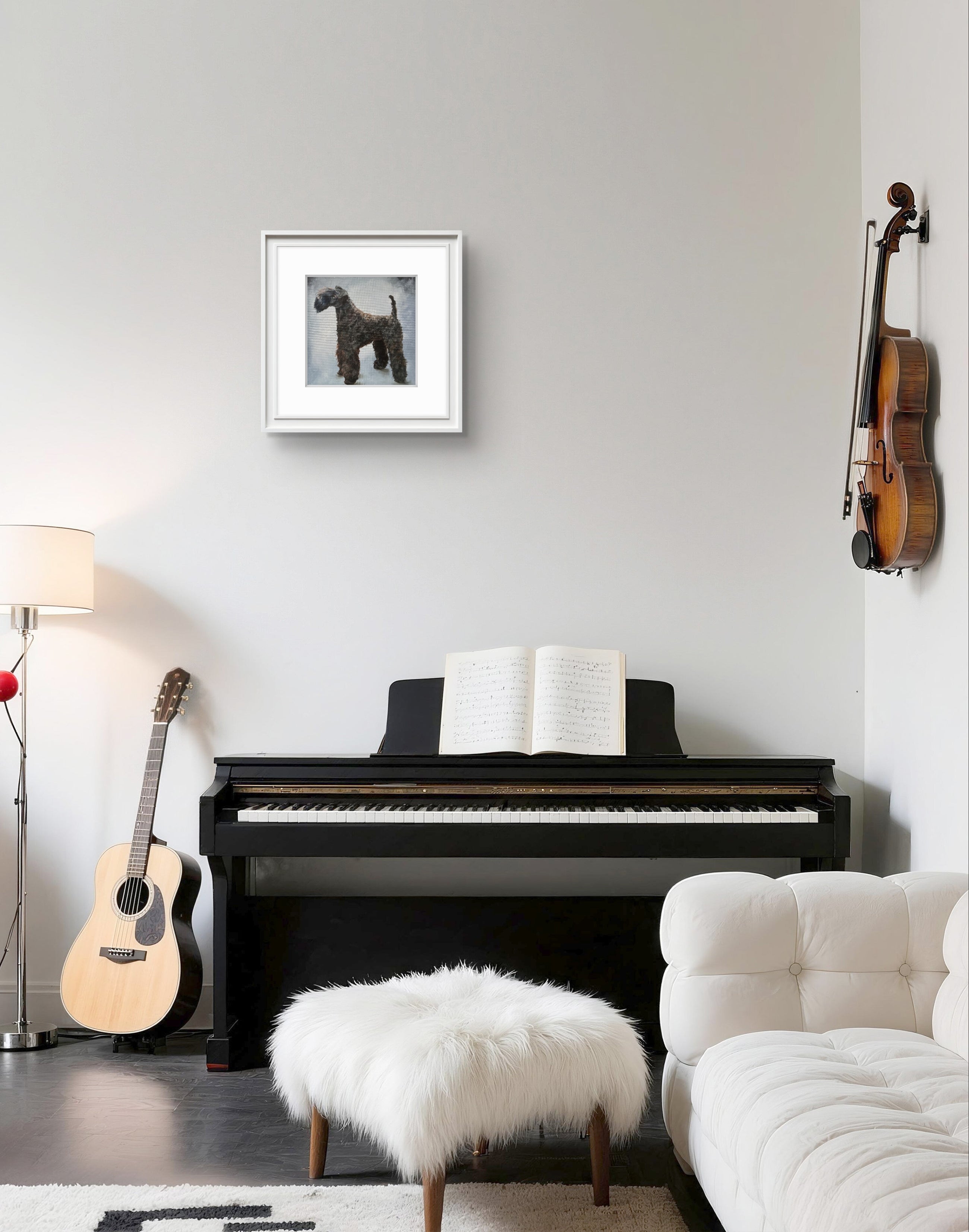 Framed painting of a Kerry Blue Terrier in the contemporary interior.