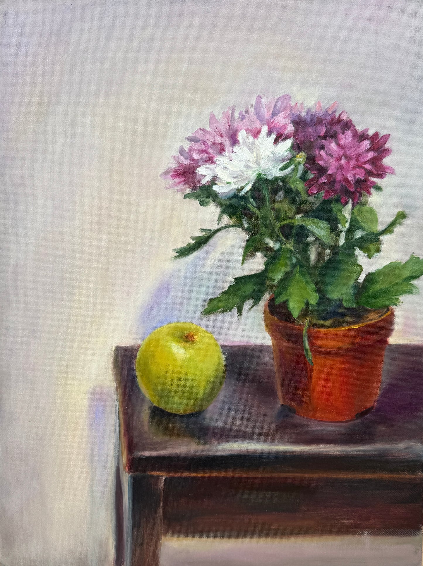 Oil painting ,Still life with flowers and green apple'