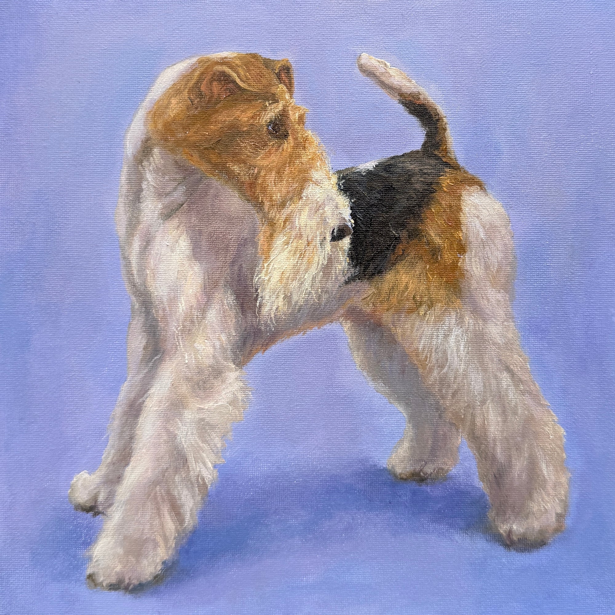 A painted portrait of a wirehaired dog standing in profile against a soft lavender-blue background. The artwork shows the dog with white, tan, and black fur, rendered in a textured brushstroke style. Fine Art print.