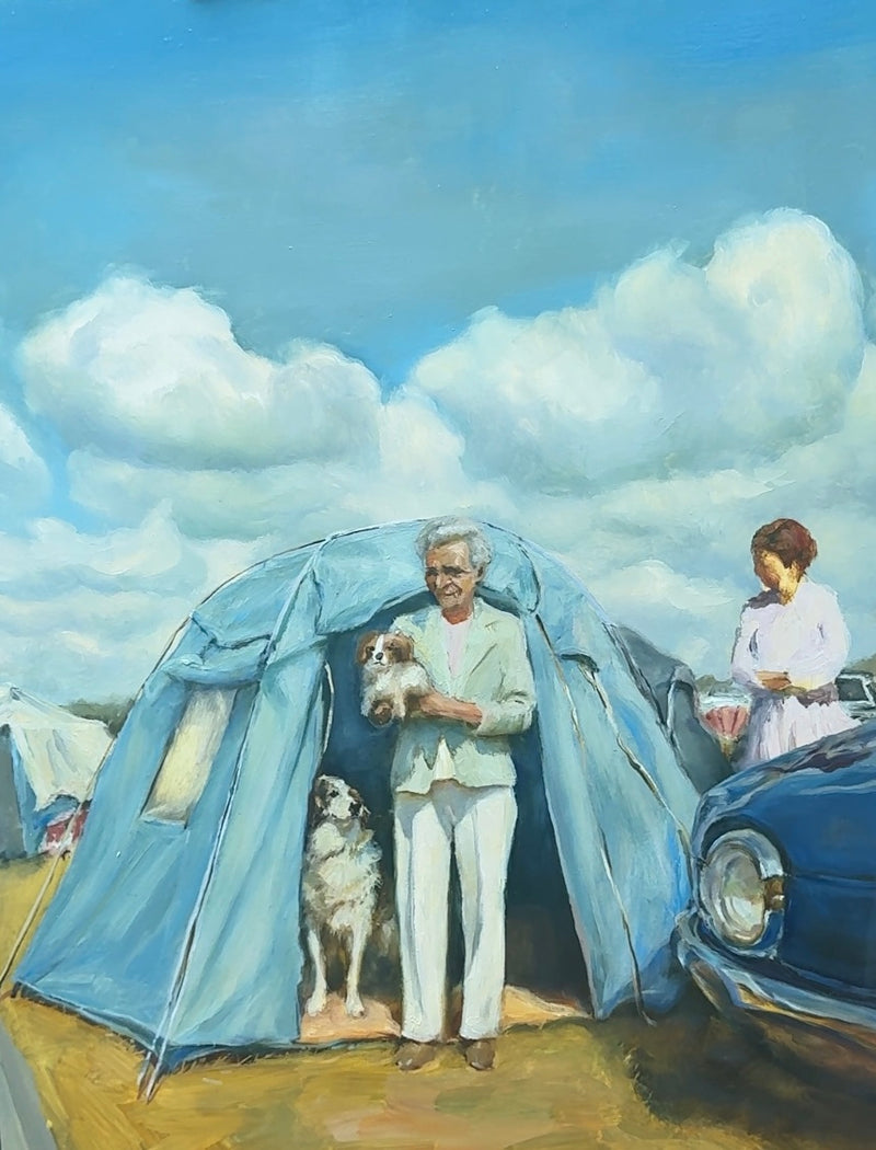Before the Ring, an original oil painting of exhibitors and their dogs before judging at a dog show.