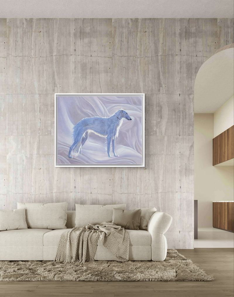 Reverie, an original oil painting of a white Borzoi in a contemporary interior.