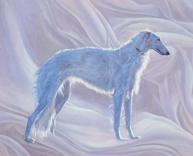 Reverie, an original oil painting of a white Borzoi.