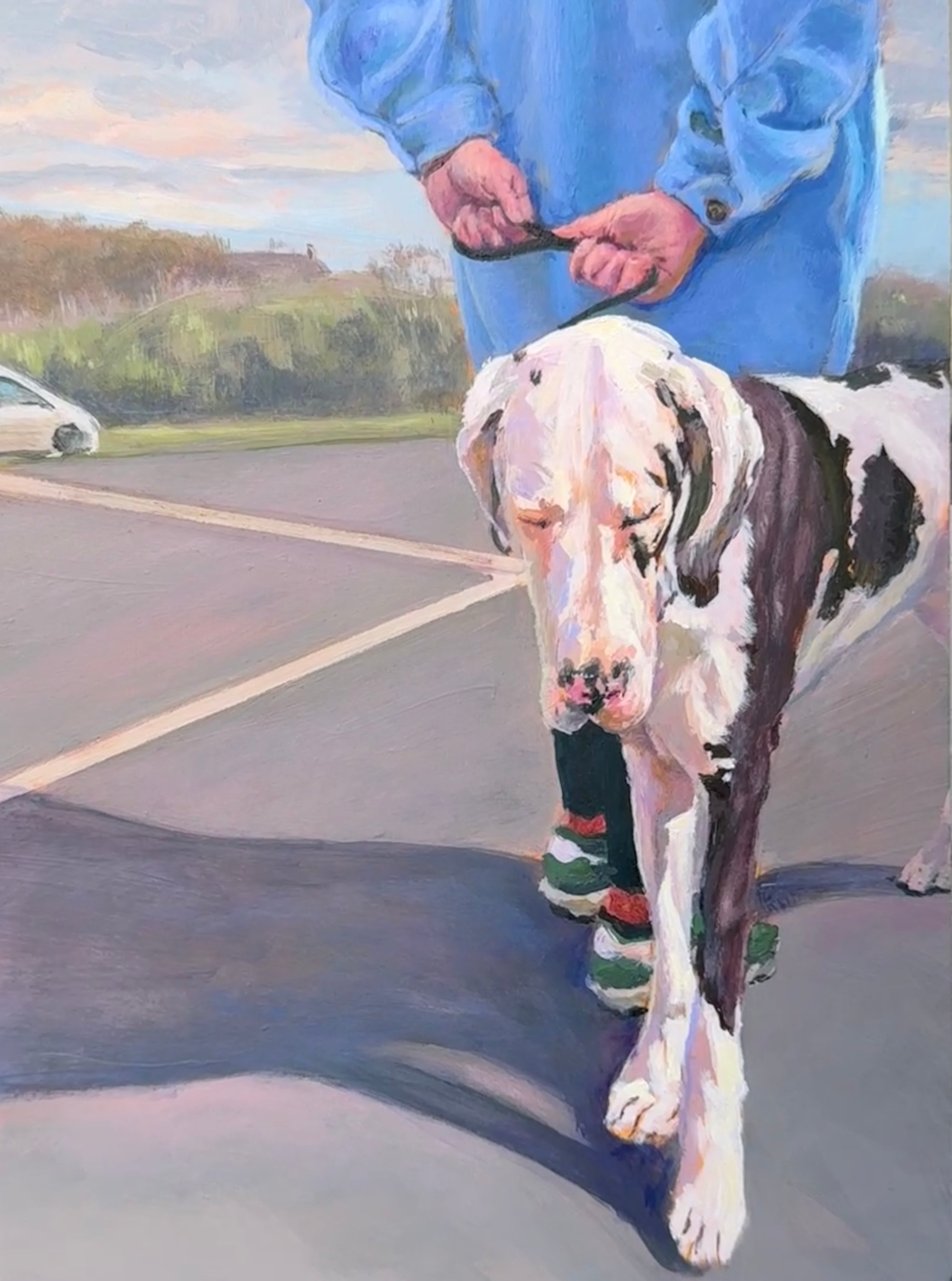 The Bond, an acrylic painting of a dog walking beside its owner.