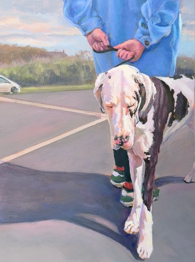 The Bond, an acrylic painting of a dog walking beside its owner.