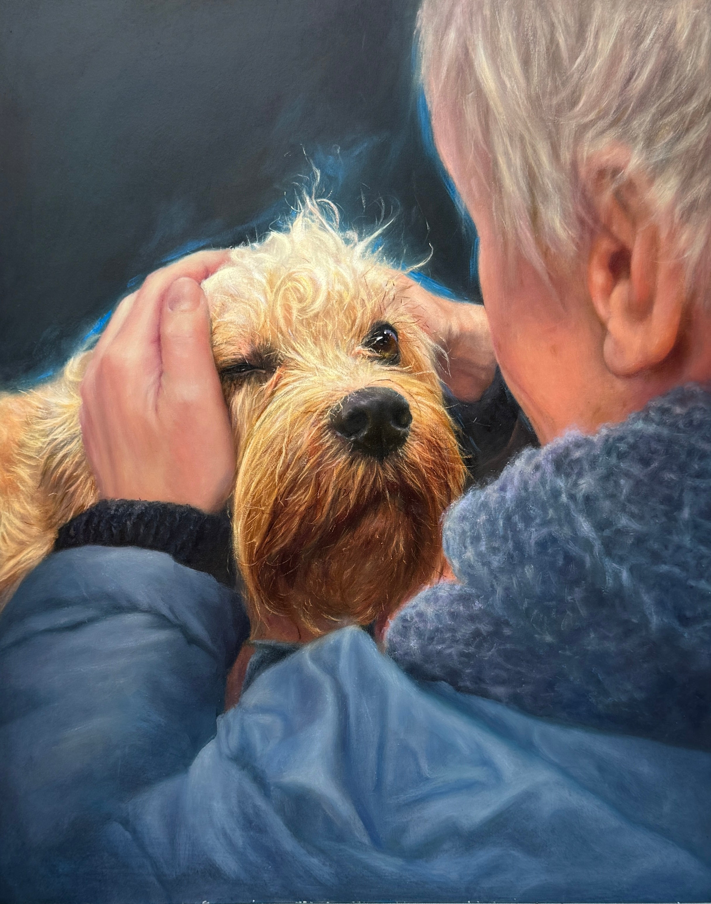 My Friend, an oil painting of a dog and its owner sharing a quiet moment together.