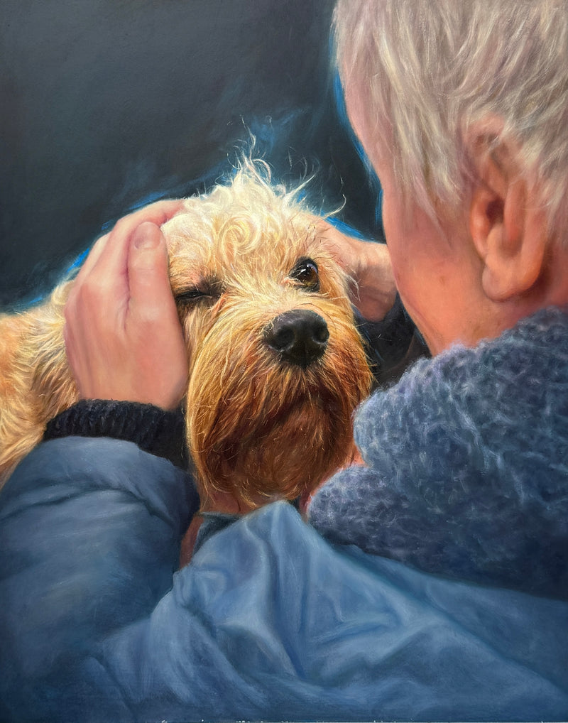 My Friend, an oil painting of a dog and its owner sharing a quiet moment together.