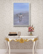 Witness, an original oil painting of a dog watching a child on a each in the contemporary interior.