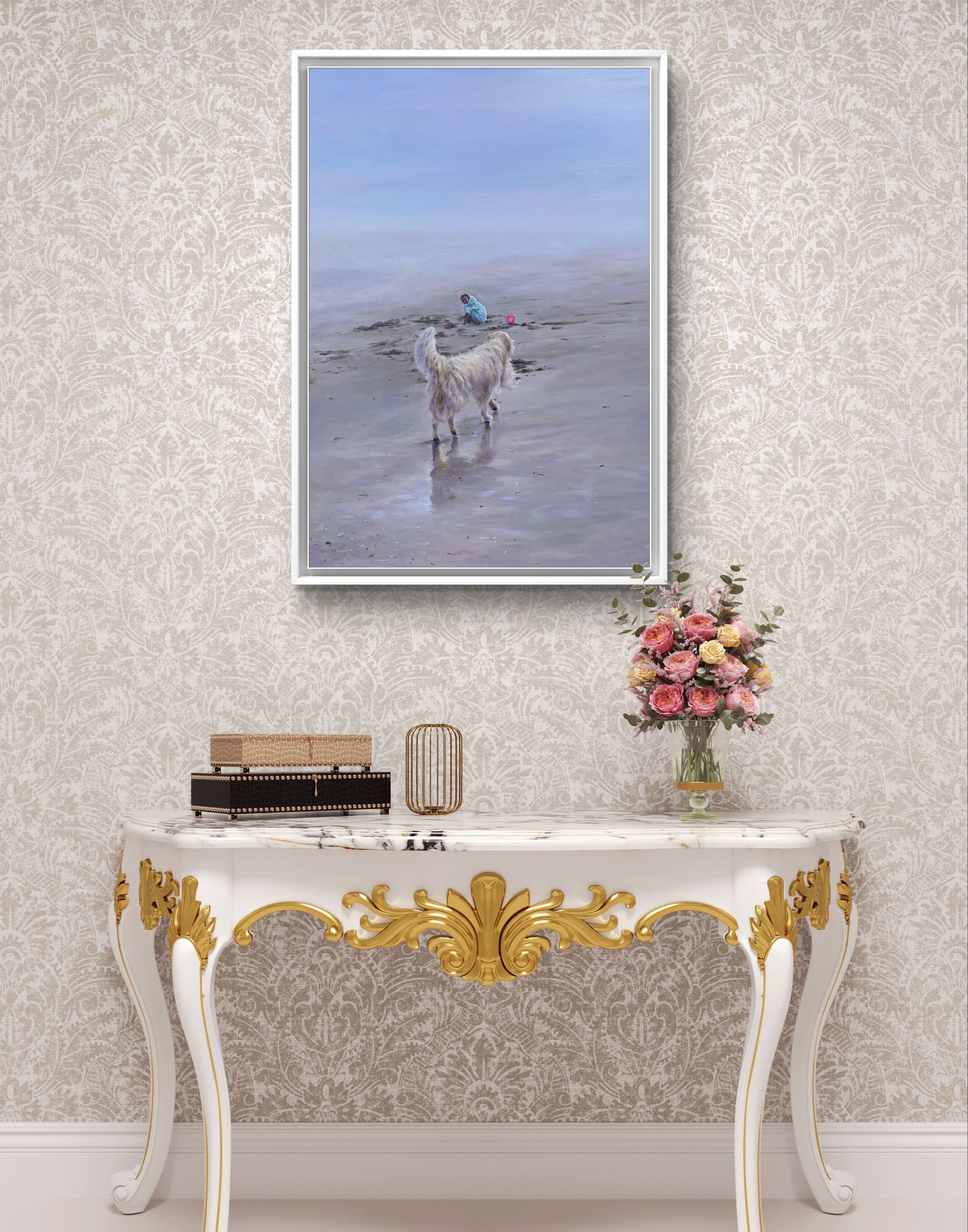 Witness, an original oil painting of a dog watching a child on a each in the contemporary interior.
