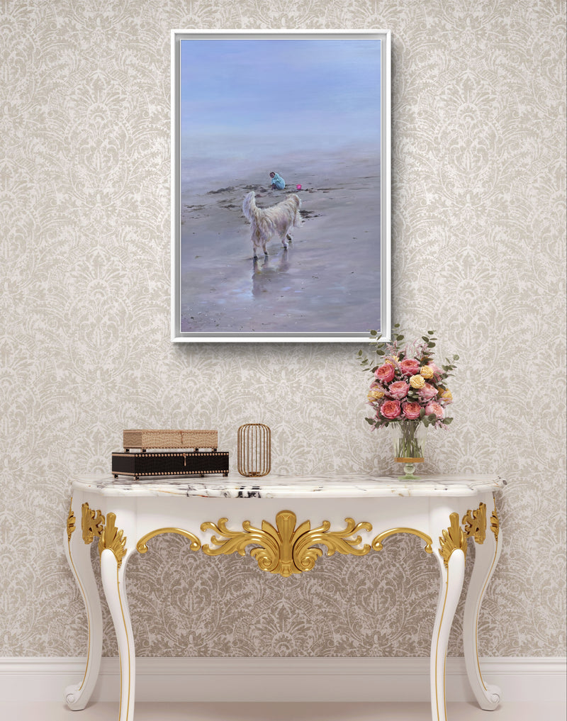Witness, an original oil painting of a dog watching a child on a each in the contemporary interior.