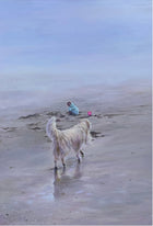 Witness, an original oil painting of a dog watching a child on a quiet beach.