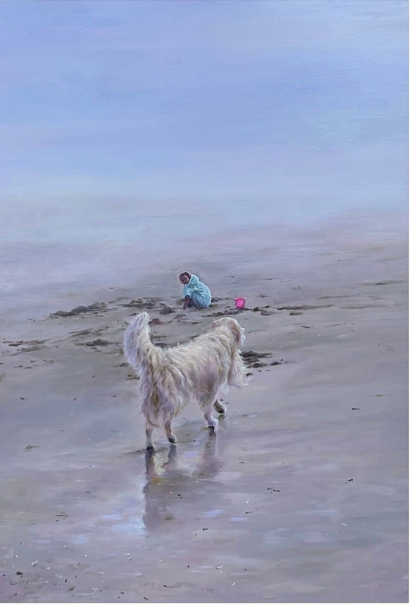 Witness, an original oil painting of a dog watching a child on a quiet beach.