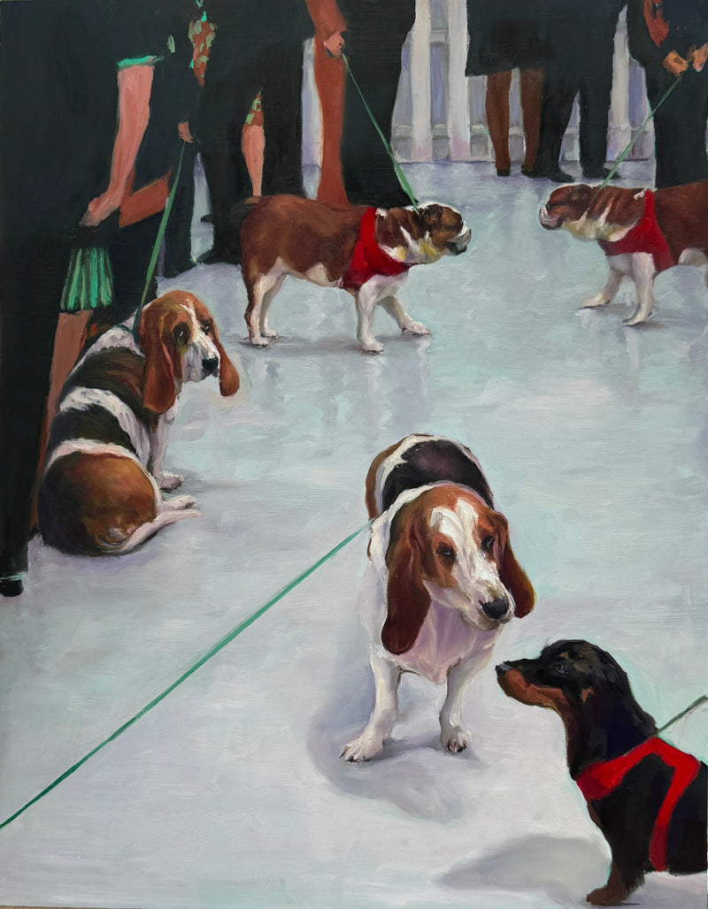 The Gathering, an oil painting of dogs and their owners before a dog show.