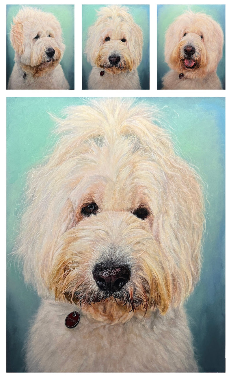 Acrylic triptych painting of Tobi, a fluffy dog.