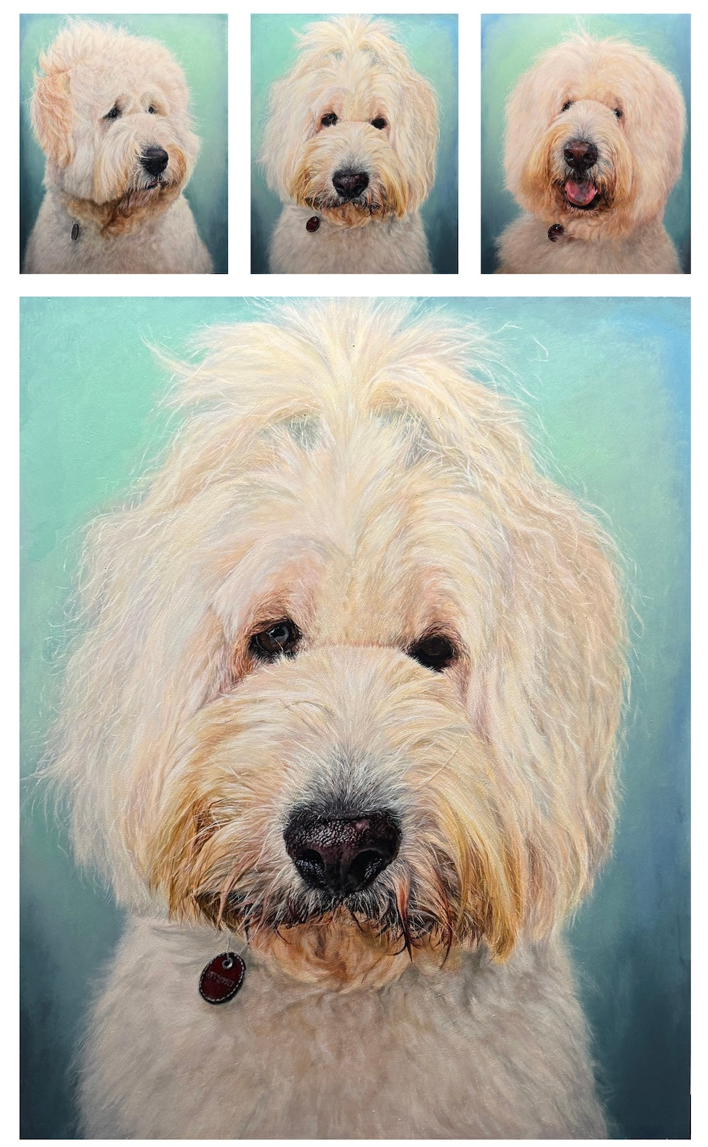 Acrylic triptych painting of Tobi, a fluffy dog.