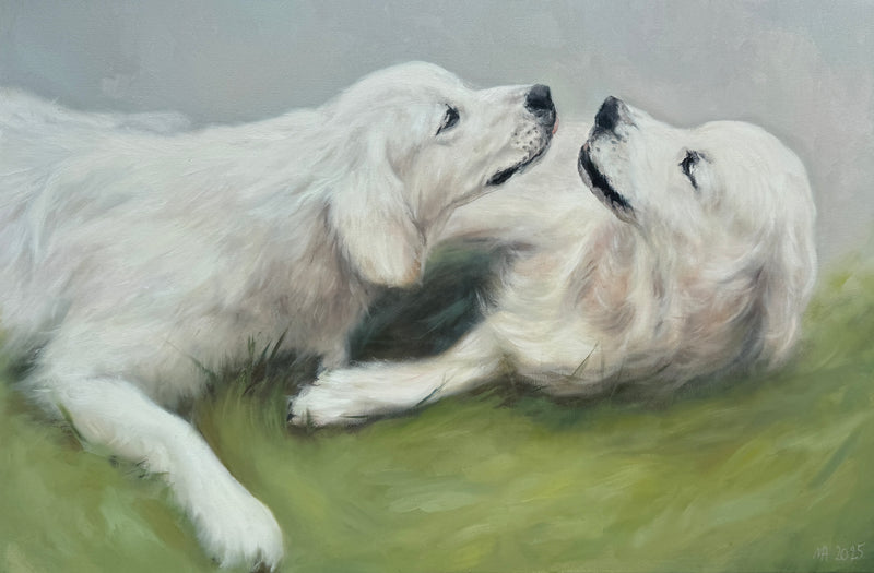 Affection, an oil painting of two Golden Retrievers sharing a gentle moment.