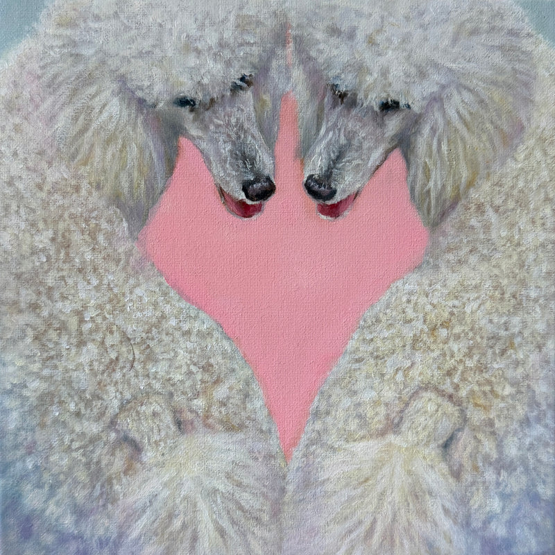 An expressive painting of two poodles forming a heart shape with their bodies, with a solid pink heart in the center, on a light blue background.