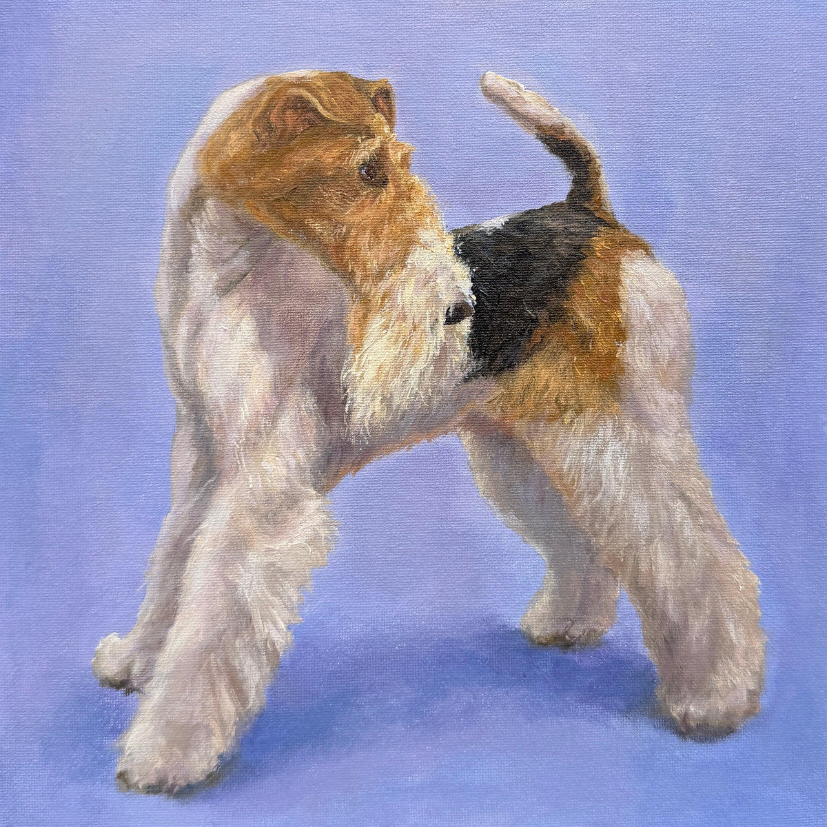 A painted portrait of a wirehaired dog standing in profile against a soft lavender-blue background. The artwork shows the dog with white, tan, and black fur, rendered in a textured brushstroke style.