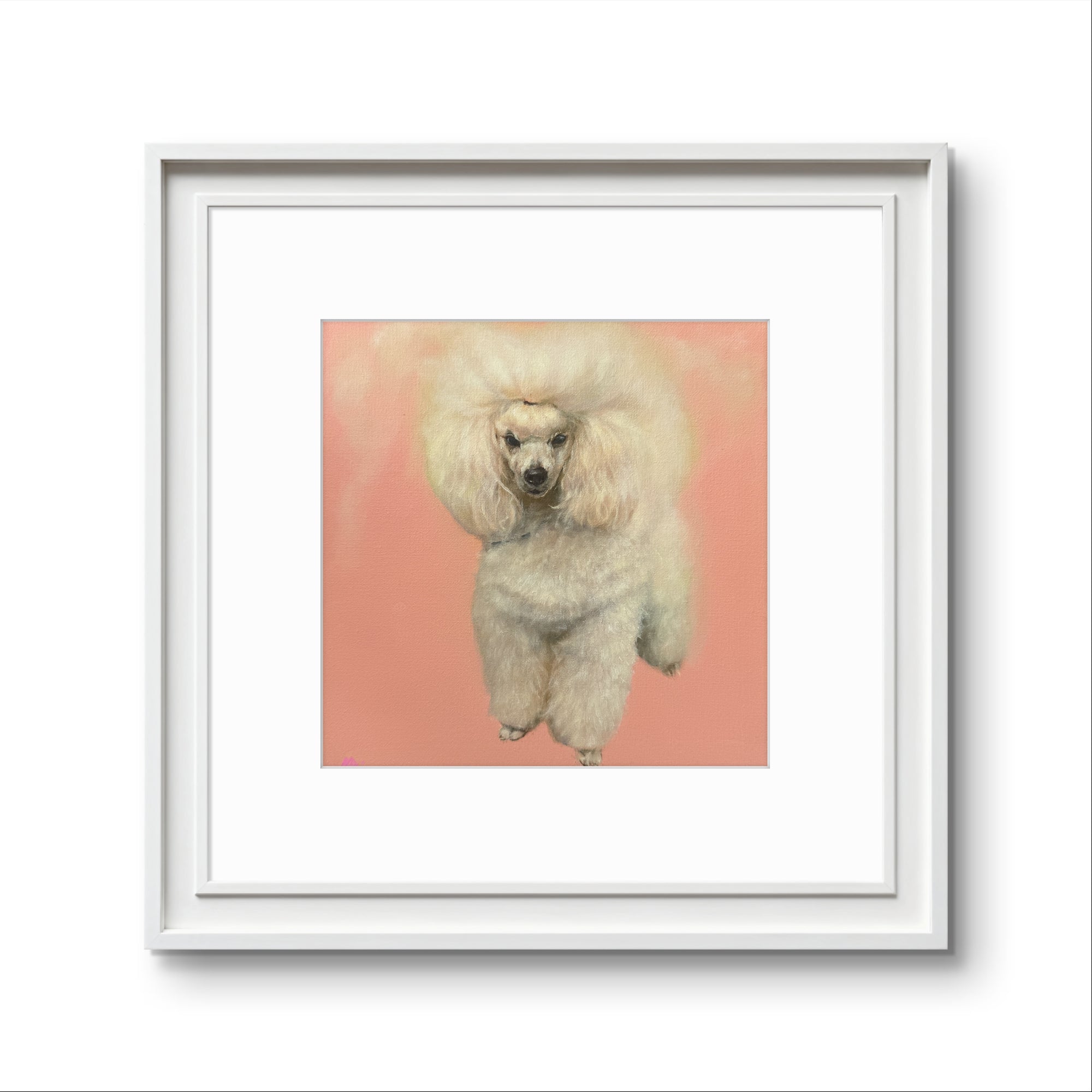 Framed artwork of a poodle on a pink background