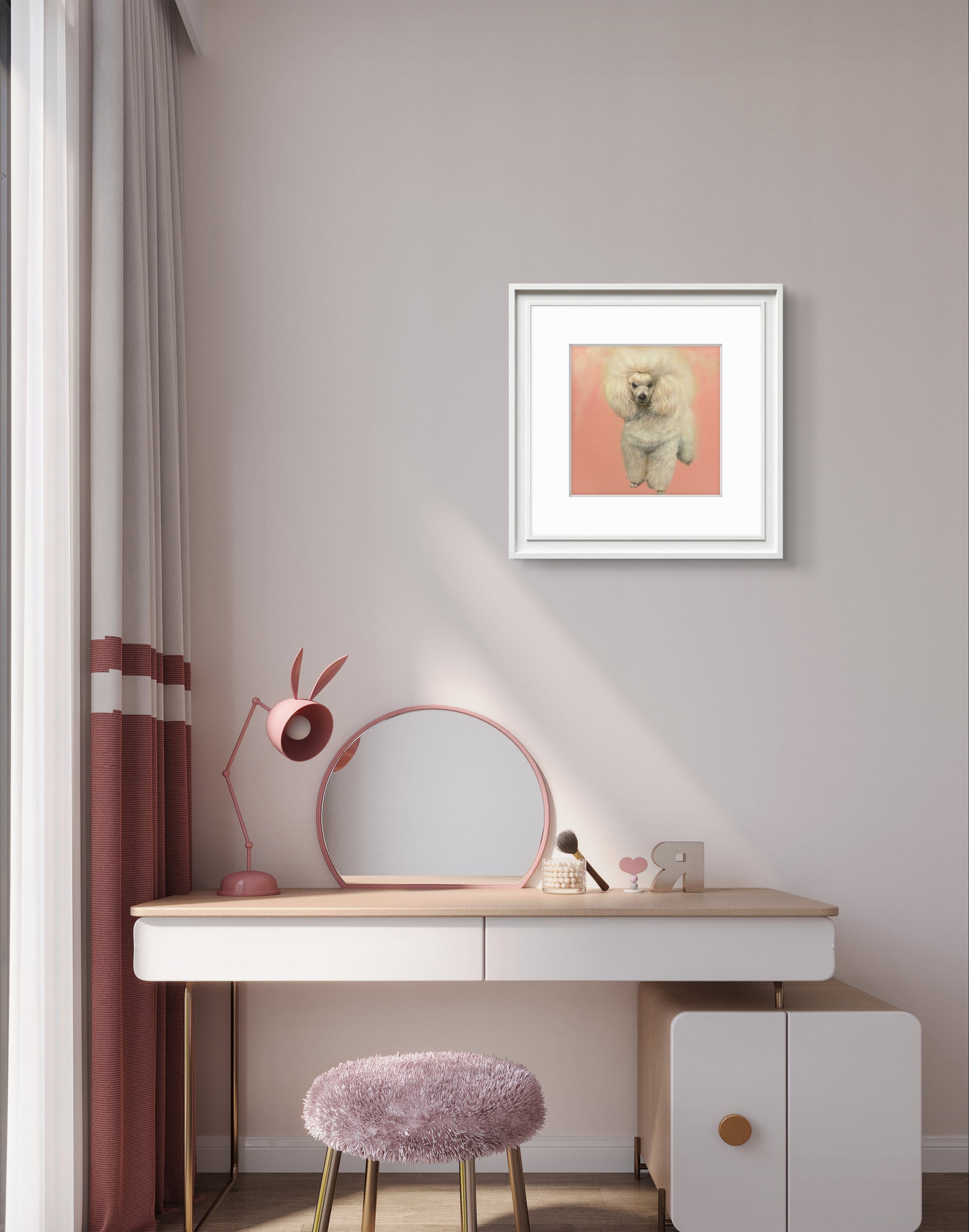 Framed oil painting of White Poodle in the interior