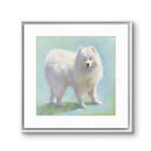 Framed square art print featuring a painted white fluffy dog standing against a soft pale blue and green background, shown with a white mat and silver frame on a light gray background.