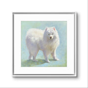 Framed square art print featuring a painted white fluffy dog standing against a soft pale blue and green background, shown with a white mat and silver frame on a light gray background.