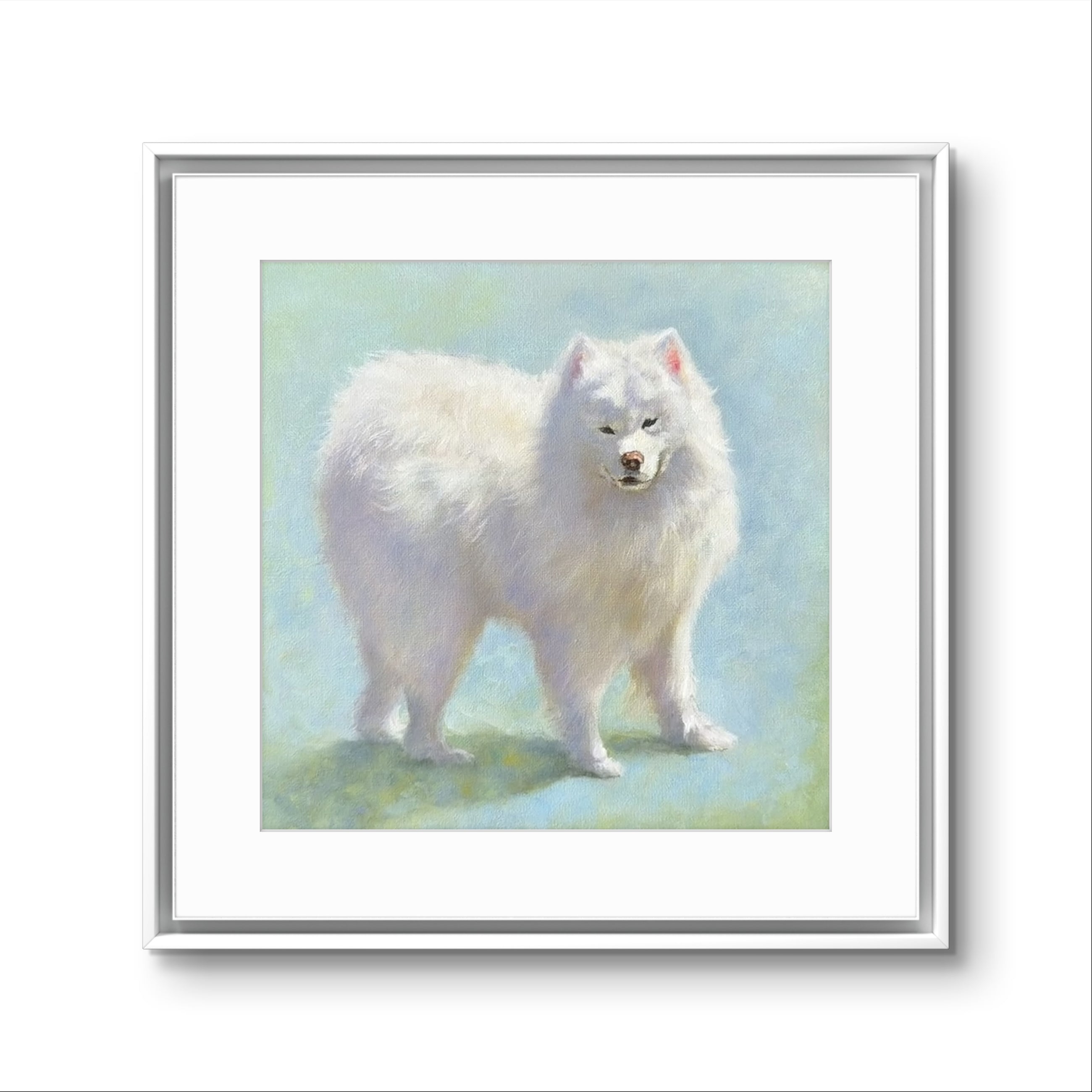 Framed square art print featuring a painted white fluffy dog standing against a soft pale blue and green background, shown with a white mat and silver frame on a light gray background.