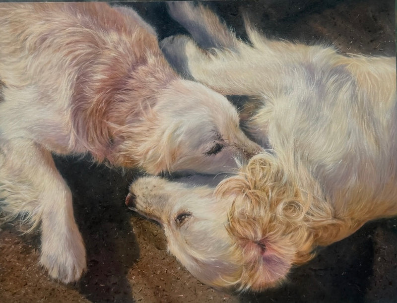 Brotherhood, an oil painting of two dogs together.