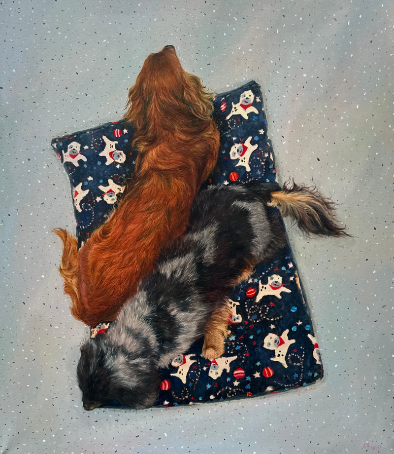 Nest, an oil painting of two dogs resting together on a dog bed.