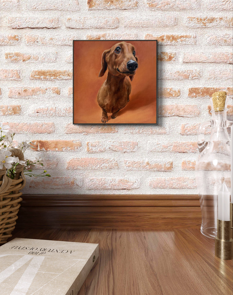 What’s Up? original oil painting of a curious dachshund on an orange background by Laura Medvedieva